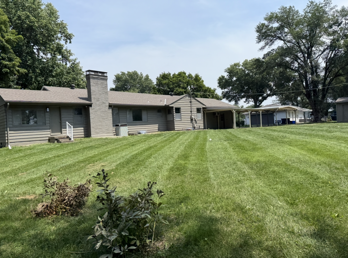 Manicured backyard with lush green grass and healthy turf after expert lawn service