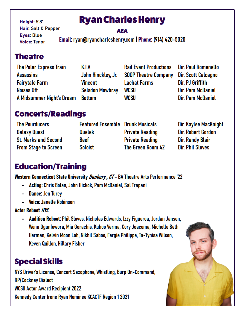 Ryan Charles Henry professional acting resume document with theater, film, TV credits and training history