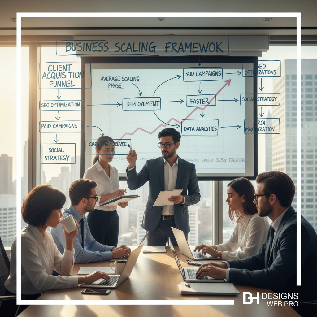 Digital agency team mapping out a strategic business scaling framework