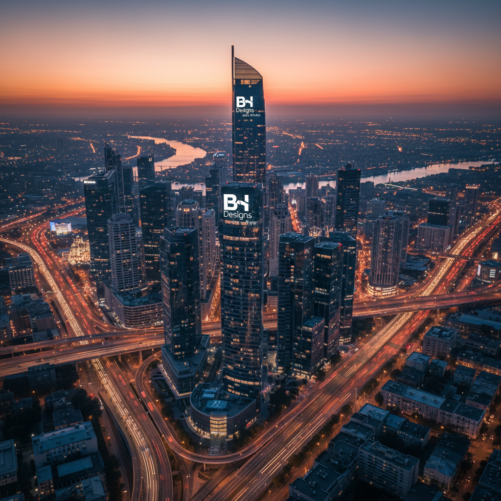 Cool aerial drone shot over a modern city skyline at dusk with skyscrapers and city lights