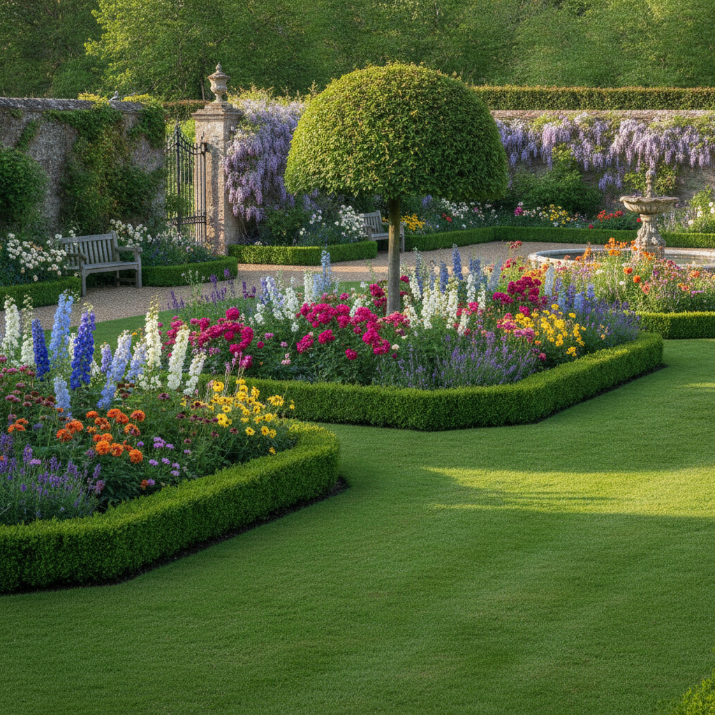 Perfectly maintained garden with lush green lawn, sculpted hedges, and colorful perennial flowers