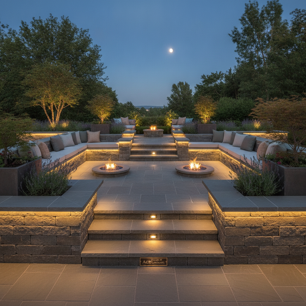 Elegant multi-level stone patio with integrated lighting and seating walls, installed by AGR Landscape