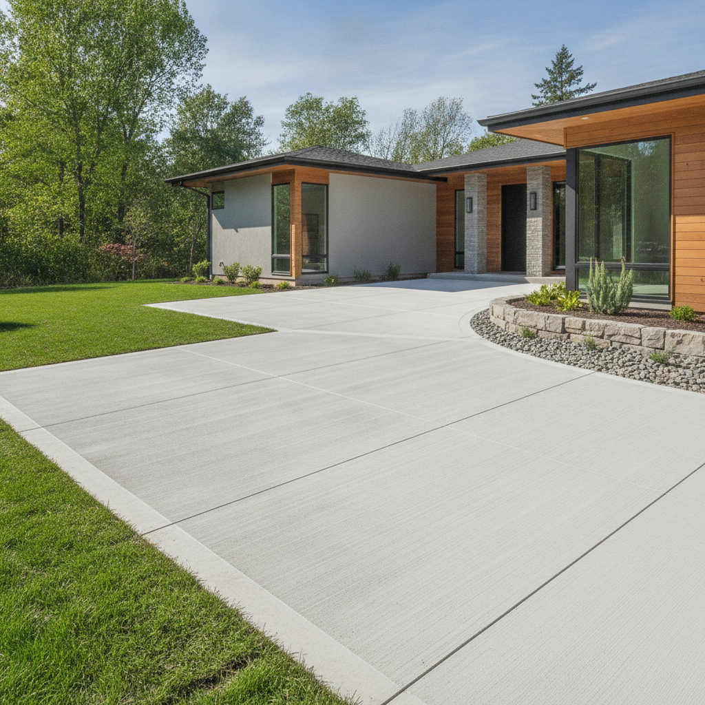 Freshly poured smooth concrete driveway or patio with clean sharp edges and a professional broom finish alongside a modern home exterior