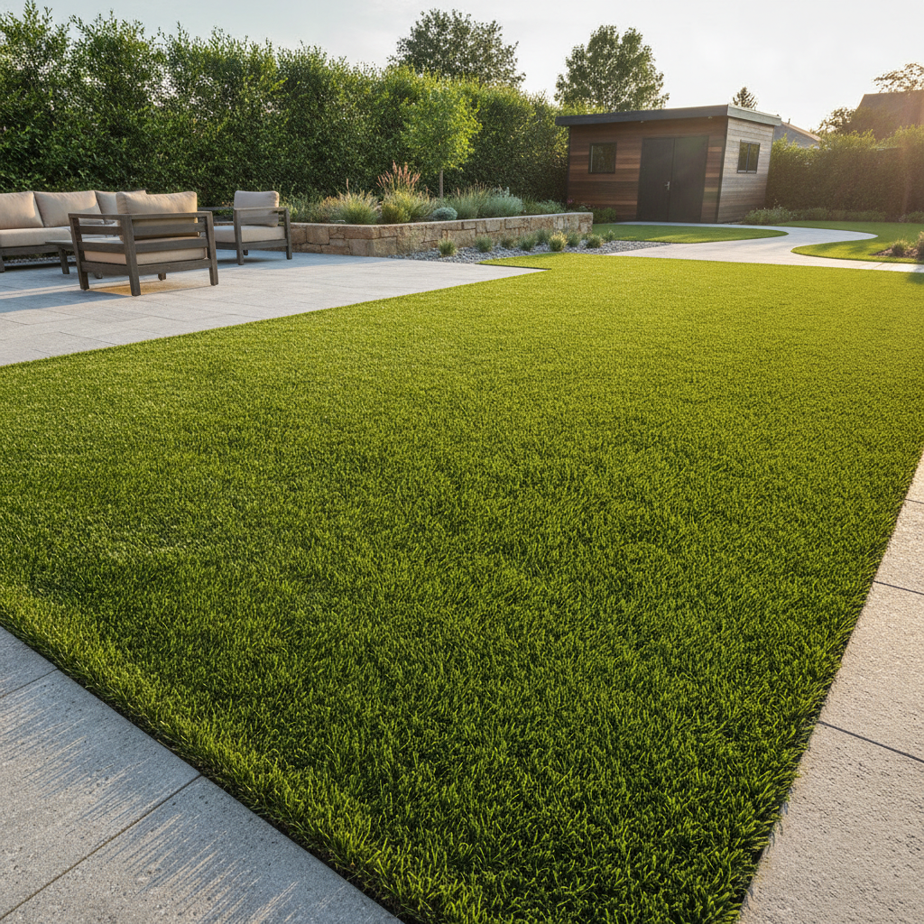 Freshly installed premium artificial turf lawn in a residential backyard with realistic vibrant green synthetic grass blades and clean edging along a patio