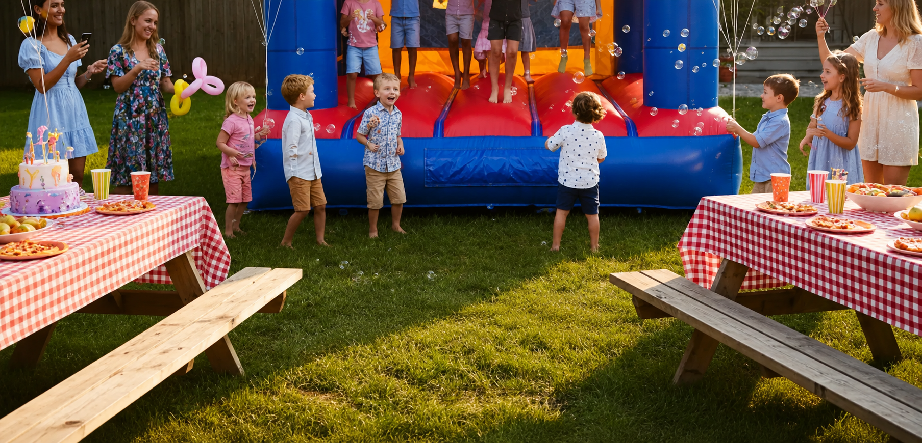 Kids playing and jumping on a blue and red inflatable bounce house at an outdoor birthday party in a sunny backyard
