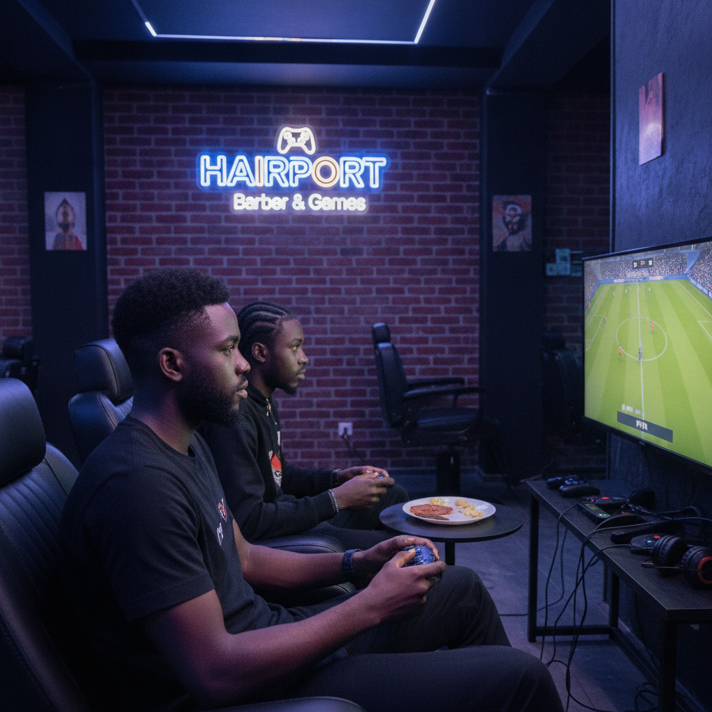 Customers playing FIFA on PlayStation in the Hairport gaming lounge