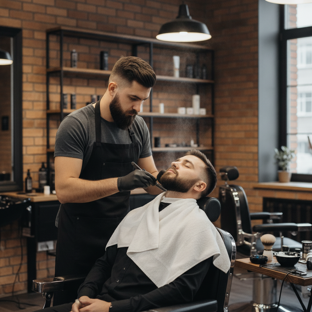 Professional barber performing a hot towel shave and beard sculpting