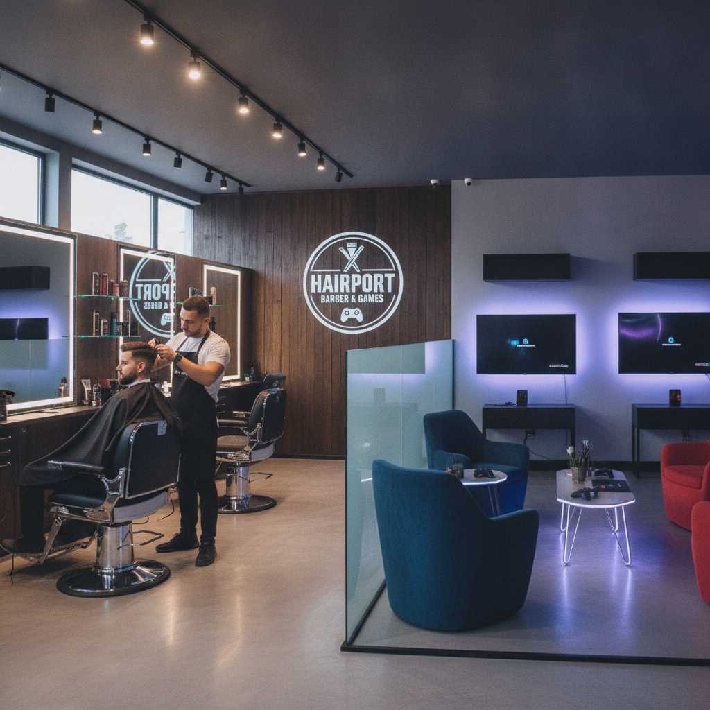 Professional barber giving a fresh fade haircut in a premium barbershop with a gaming lounge