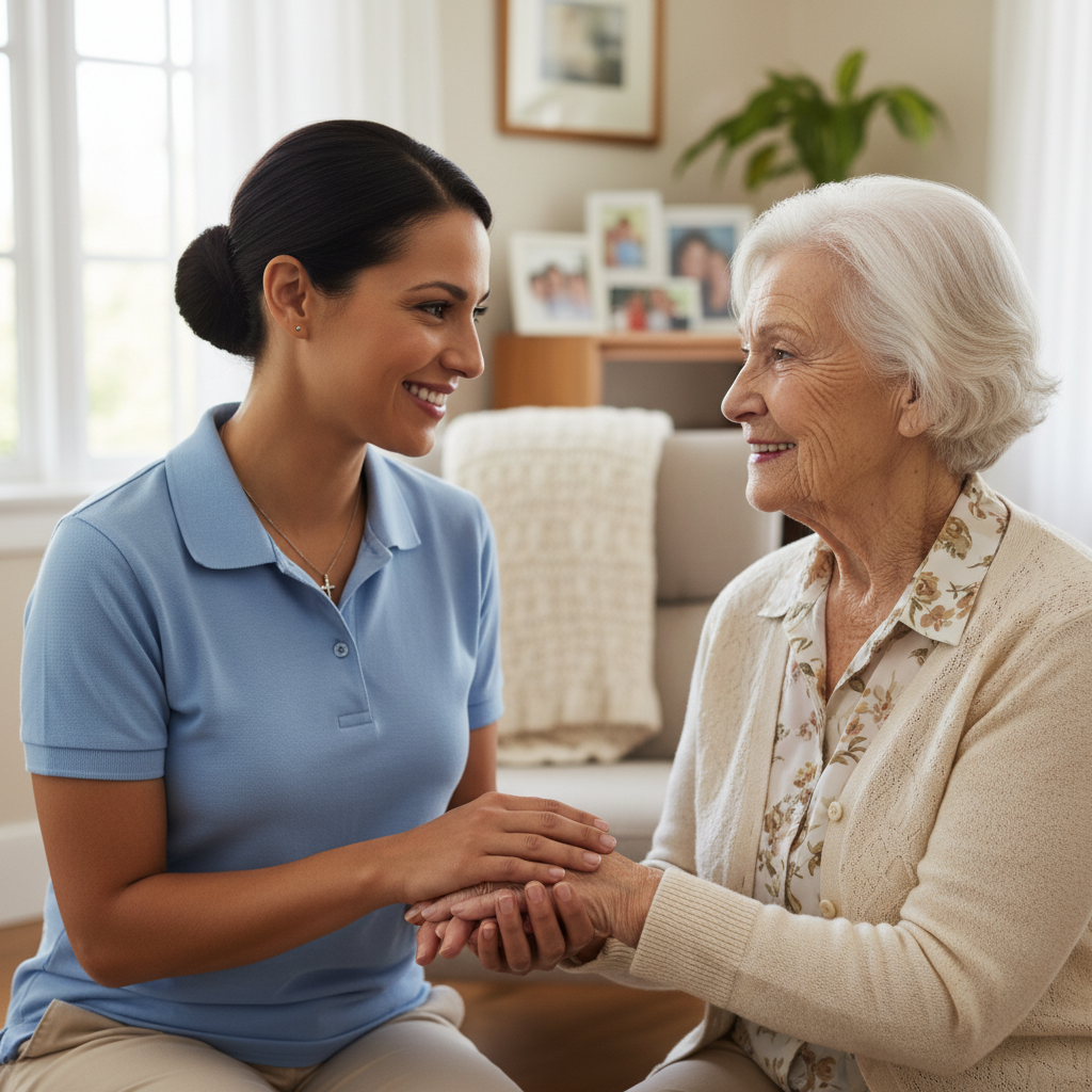 Compassionate caregiver warmly smiling and holding hands with an elderly woman in a comfortable home healthcare environment