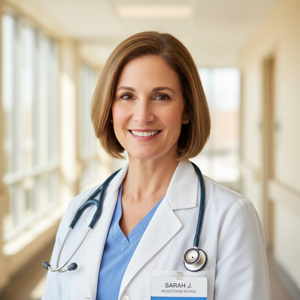 Professional headshot of Sarah J., a friendly and experienced Registered Nurse.