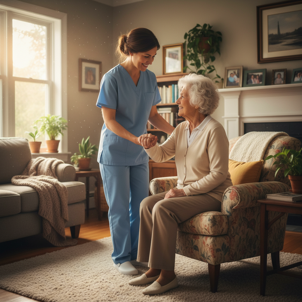 A warm and professional caregiver gently assisting an elderly woman in her sunlit living room.
