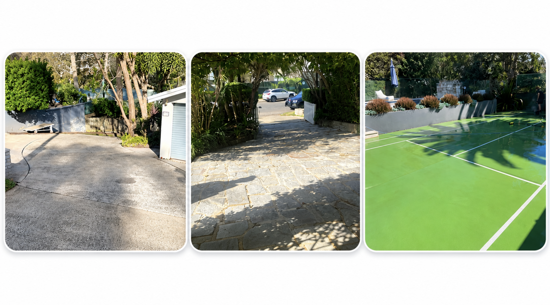 Professional pressure washing team restoring a dirty concrete driveway to a bright, clean finish