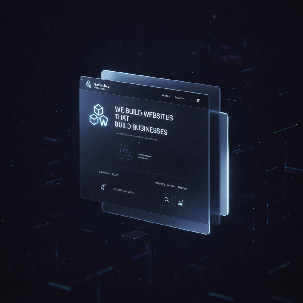 Sleek 3D rendering of a modern business website interface floating in dark space