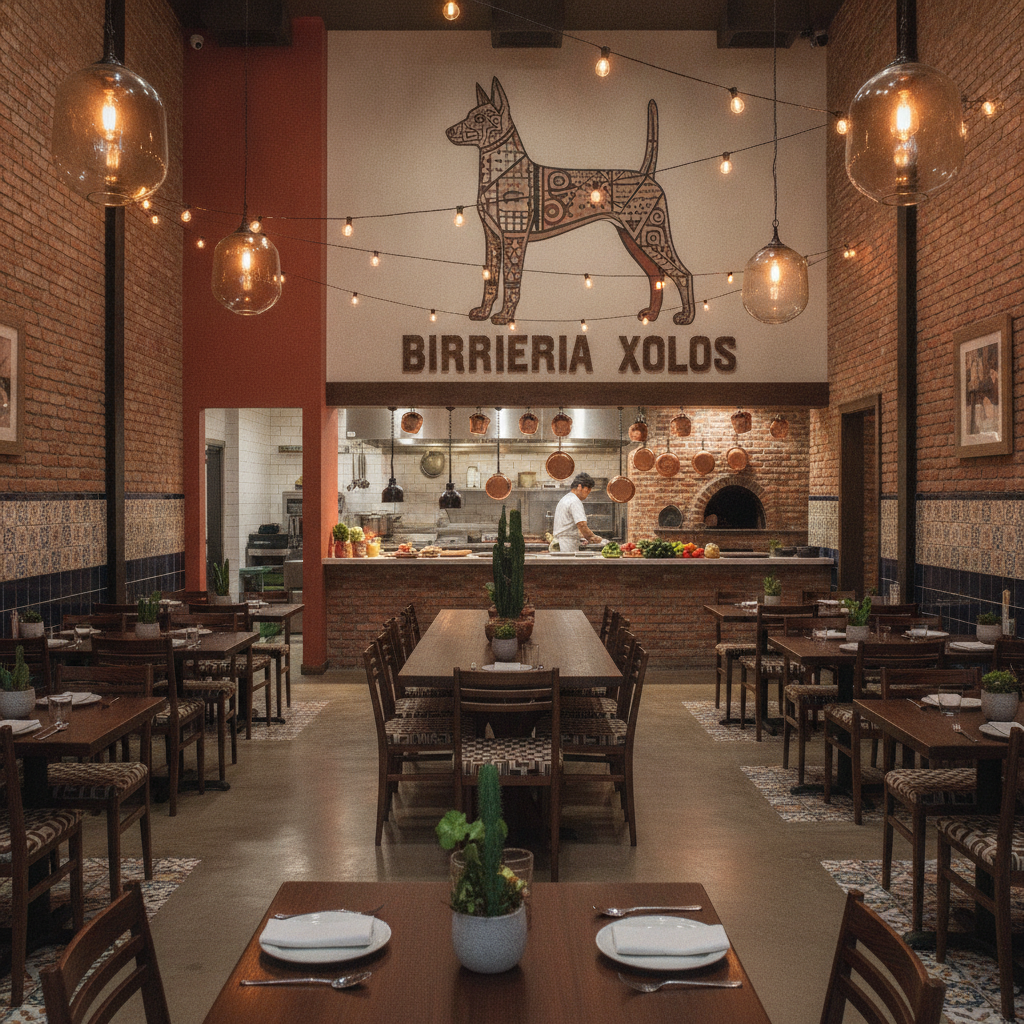 Welcoming Mexican restaurant interior showing a clean modern yet authentic dining space with warm lighting at Birrieria Xolos