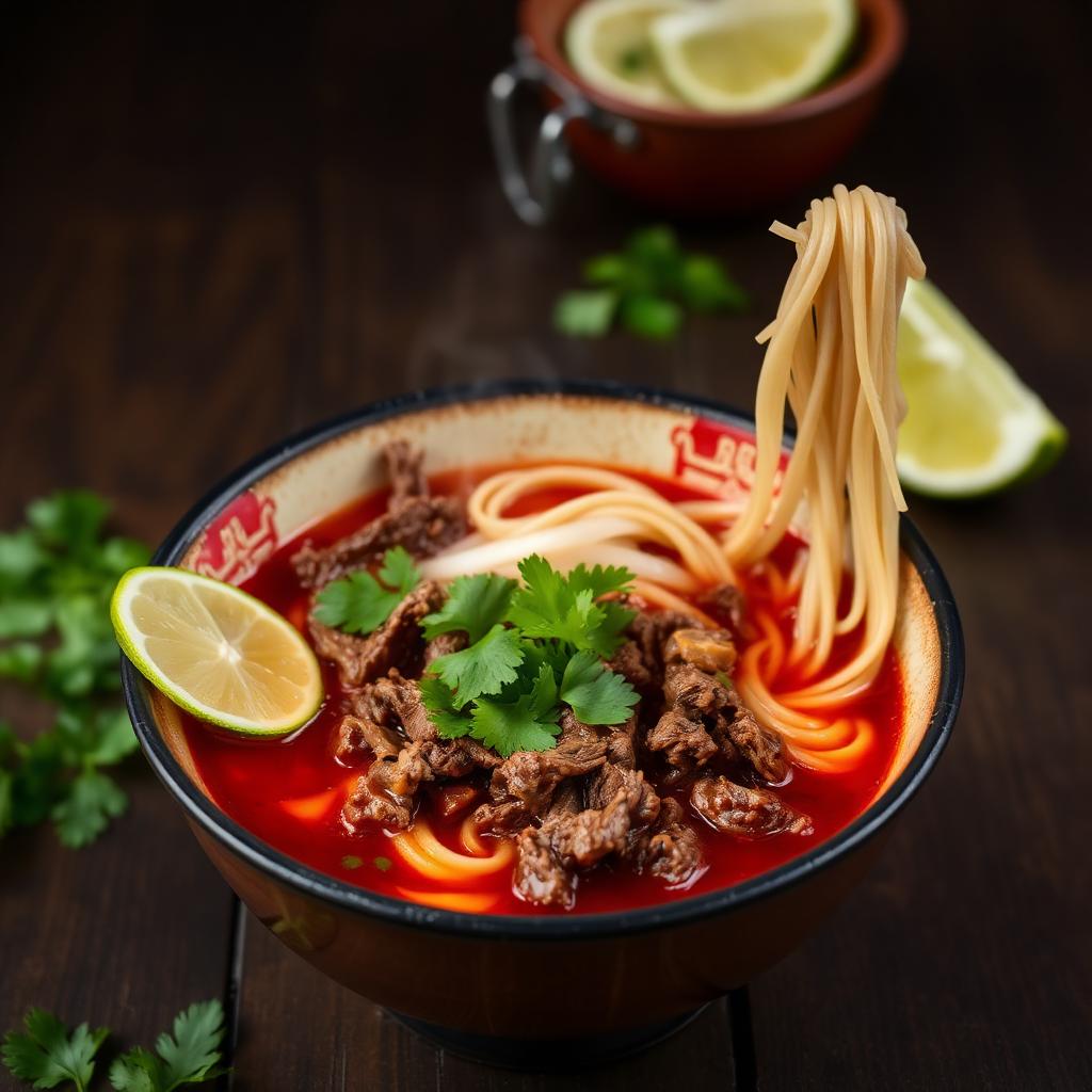 Large appetizing bowl of Birria Ramen with rich red consome broth, noodles, tender shredded beef, cilantro and onions