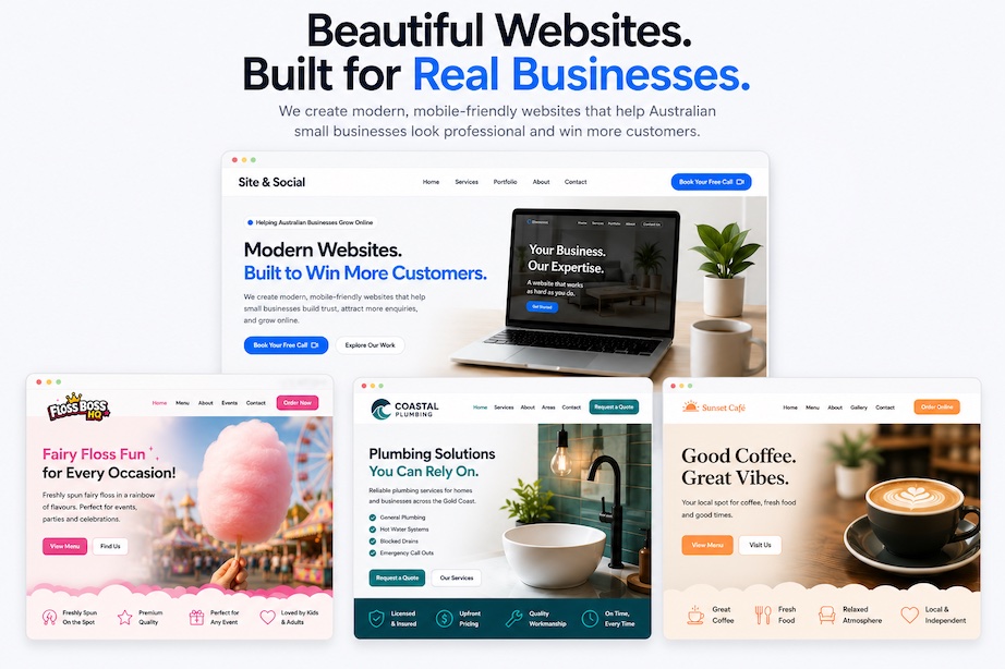 Modern minimalist digital agency workspace showing premium web design and marketing mockups on a laptop screen
