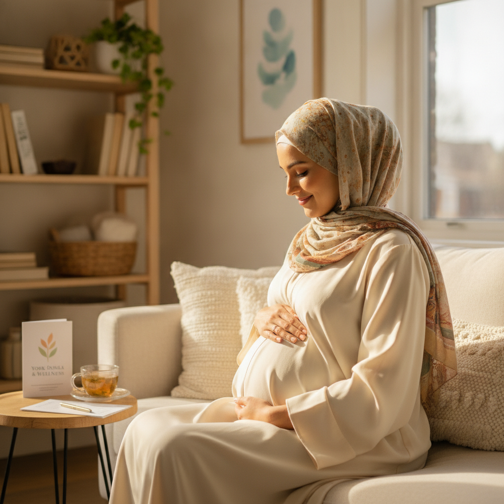 A peaceful expecting mother holding her belly in warm, natural lighting, representing culturally inclusive doula support, lactation consulting, and holistic maternity wellness in York, Pennsylvania