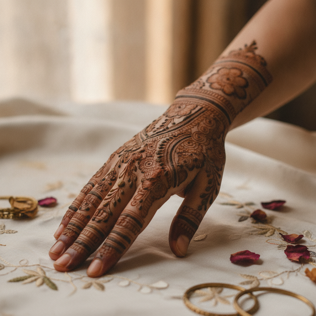 Close up of traditional maternity henna art on an expecting mother's belly