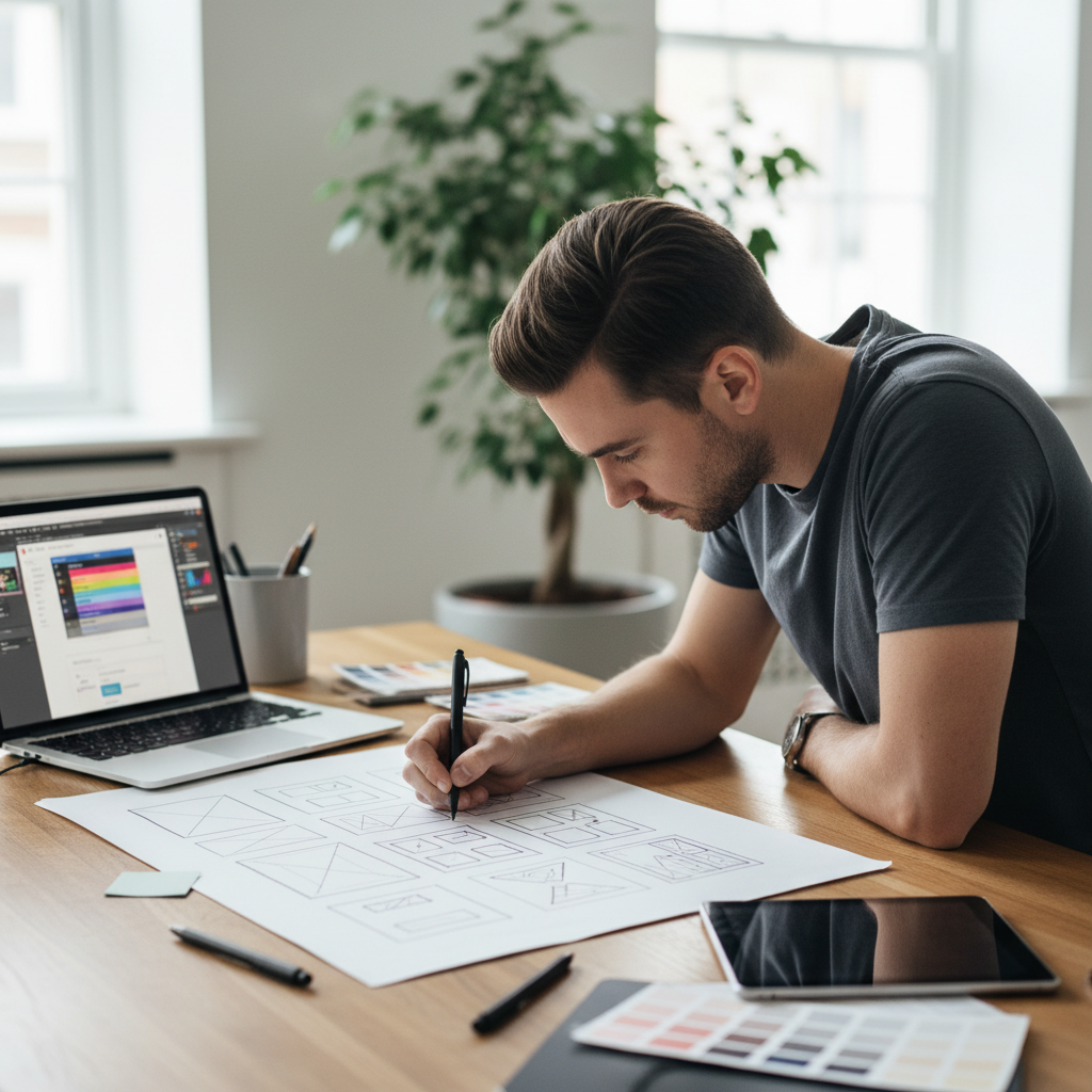 Professional web designer at a modern desk sketching custom website wireframes and UI mockups on paper with a laptop showing design software, representing the creative web design process