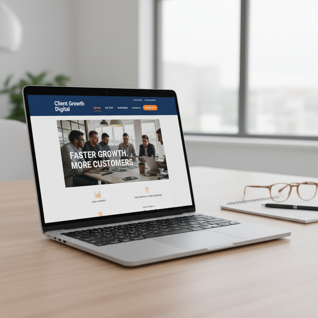 Sleek modern business website displayed on a laptop screen showing a professional homepage design with navigation menu and call-to-action buttons for a local business