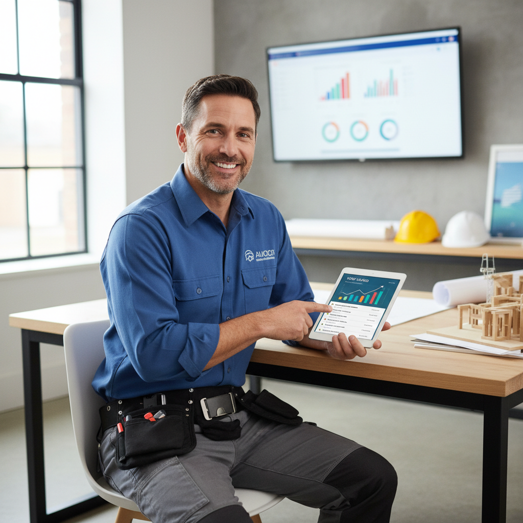 Happy successful local contractor business owner in work attire smiling while reviewing new customer leads and analytics on a tablet device in their office, representing business growth and success