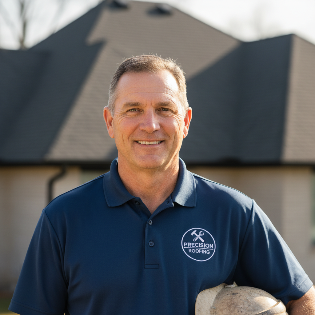 Friendly middle-aged male roofing contractor in work uniform smiling at camera headshot