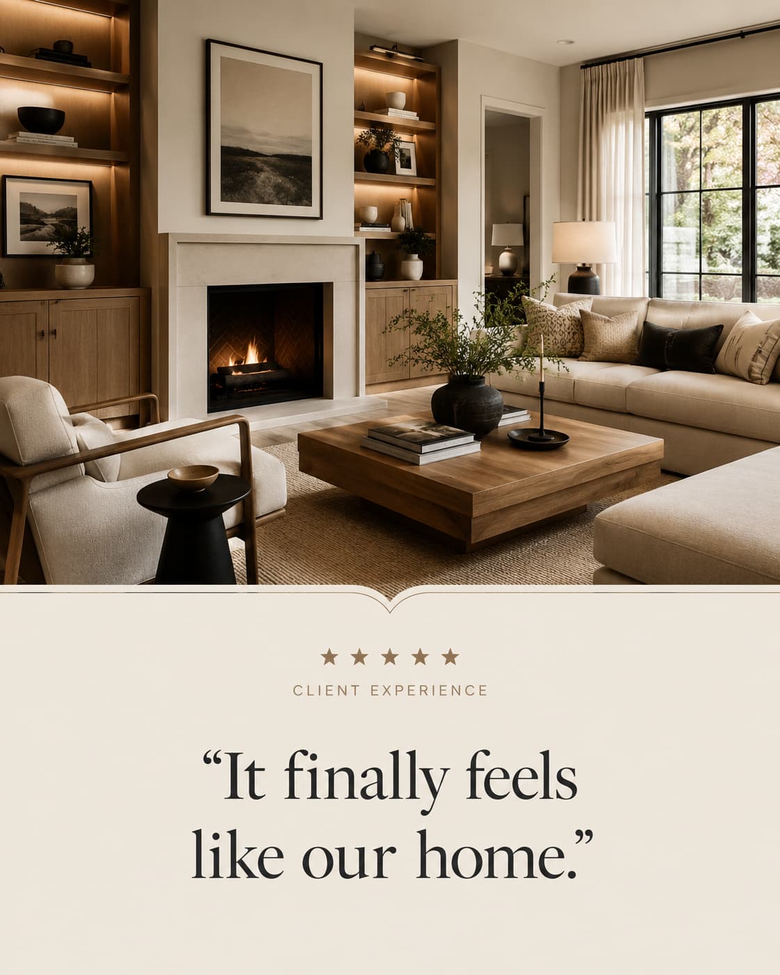 Sample customer testimonial post for an interior design studio