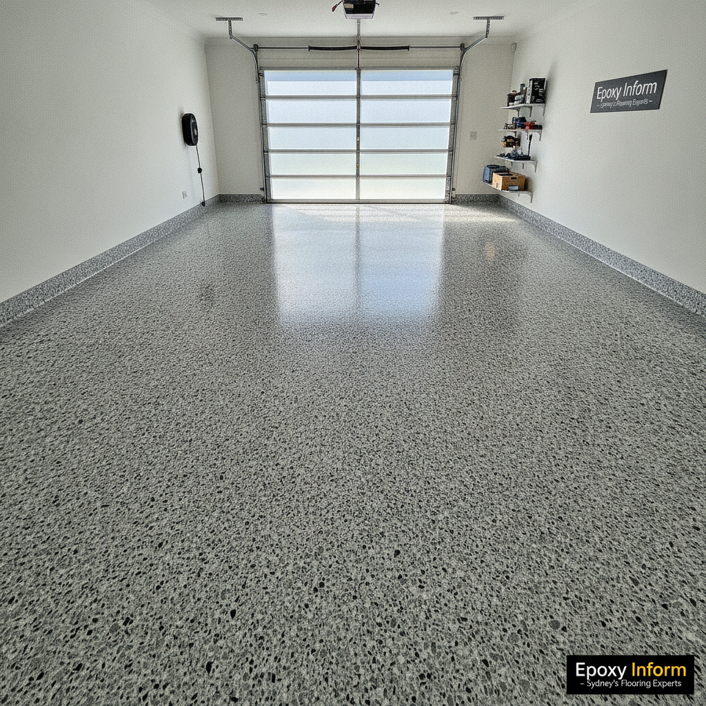 Premium epoxy flake flooring installed in a modern Sydney residential garage by Epoxy Inform