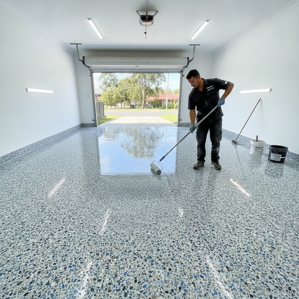 Professional Epoxy Inform installer applying a UV-resistant clear top coat over a decorative flake epoxy floor in a Sydney garage.