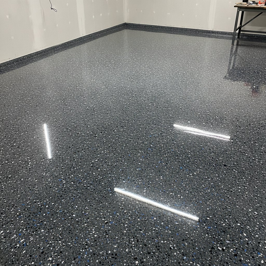 A bright commercial showroom with a light grey medium flake epoxy floor and UV-resistant clear top coat reflecting the ceiling lights.