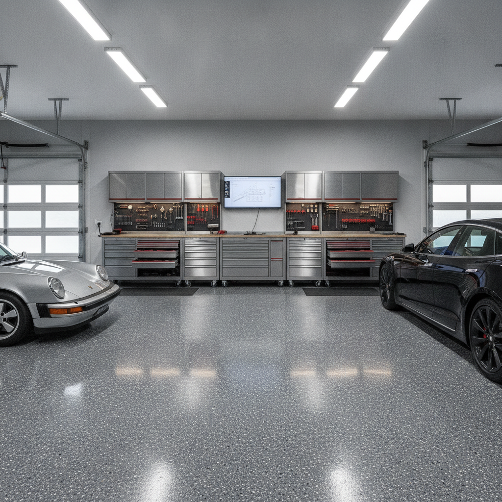 Wide view of a clean, modern two-car garage featuring a glossy charcoal ultra flake epoxy floor with professional tool cabinets.
