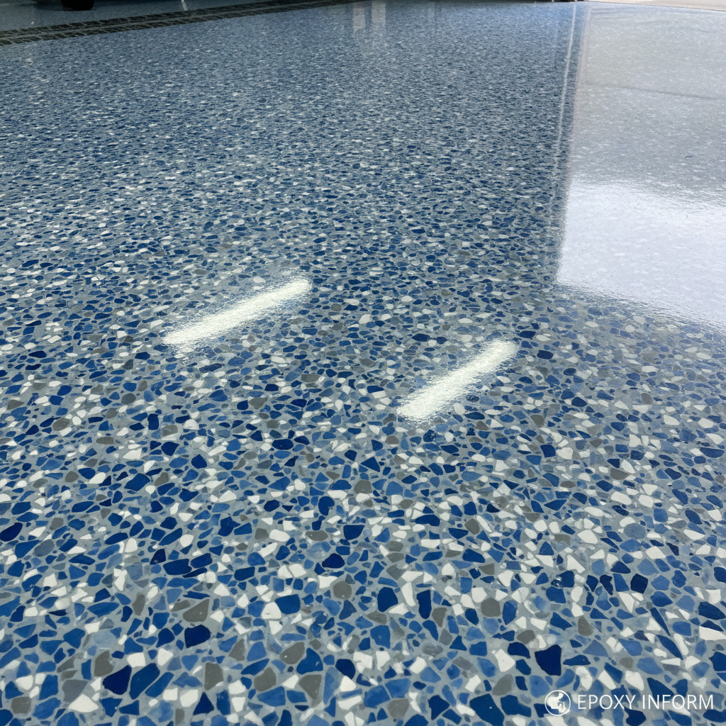 Detailed close-up of a decorative light flake epoxy floor system in blue, white and grey, showing texture and glossy clear top coat finish.