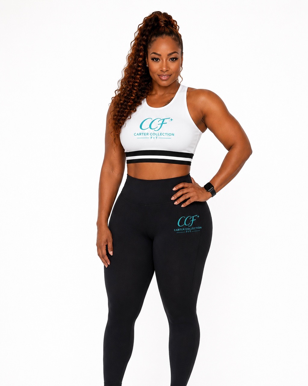 Model wearing vibrant turquoise Summer Pop athletic leggings with a sculpting fit