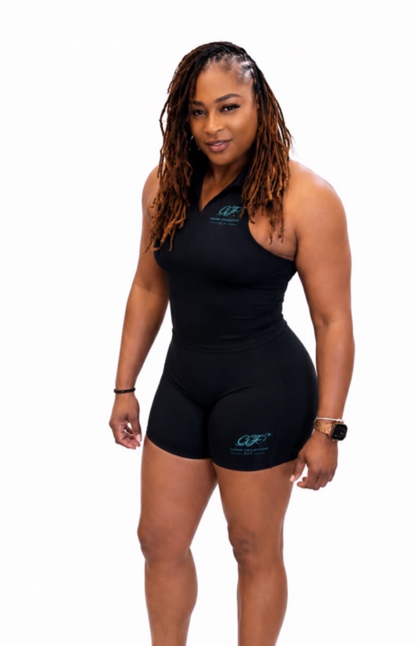 Lorontia Carter, retired military veteran and founder of Carter Collection Fit, standing confidently in athletic wear