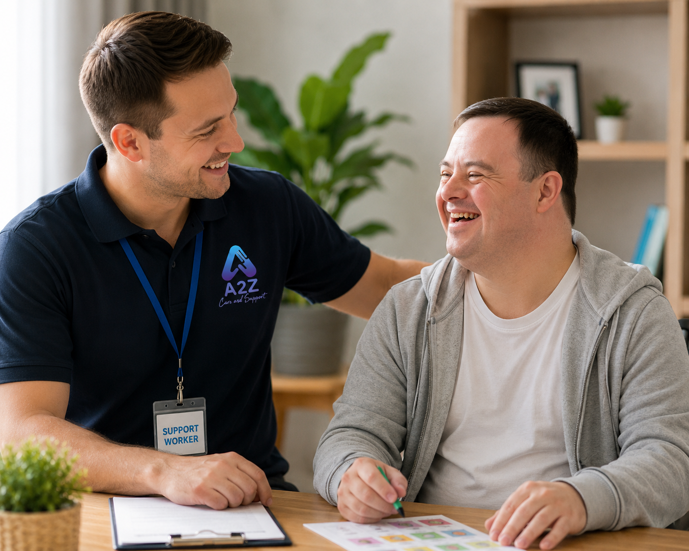 Friendly NDIS support worker warmly assisting a smiling participant with daily living tasks inside a bright, comfortable home environment