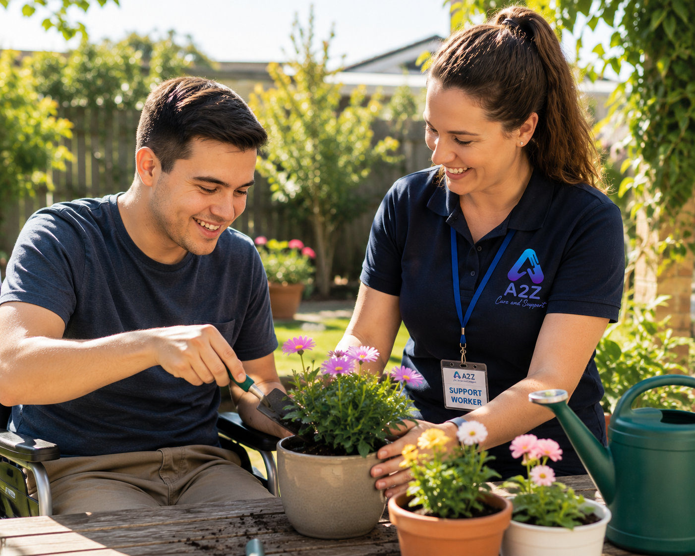 Caring support worker helping NDIS participant with gardening in a sunny backyard