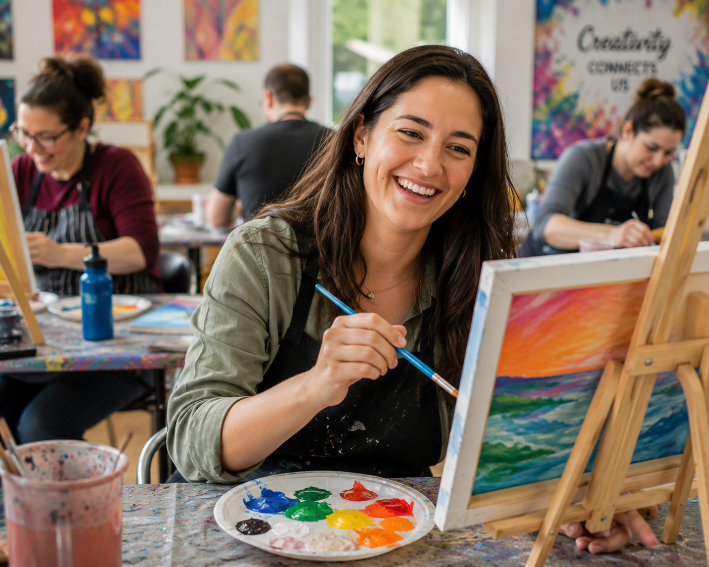 NDIS participant smiling and engaging with others at a local community art class