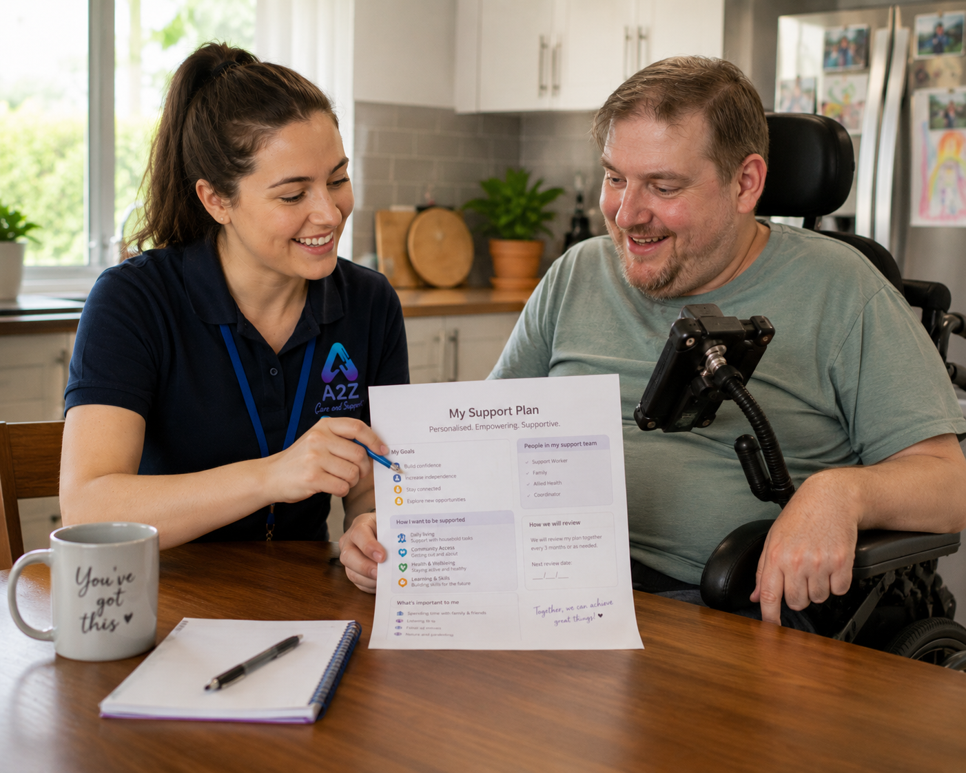 Friendly support worker and NDIS participant sitting at kitchen table collaboratively reviewing a personalized support plan document