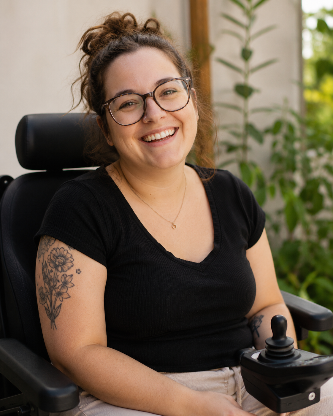 Portrait headshot of Sarah J, a smiling happy NDIS participant