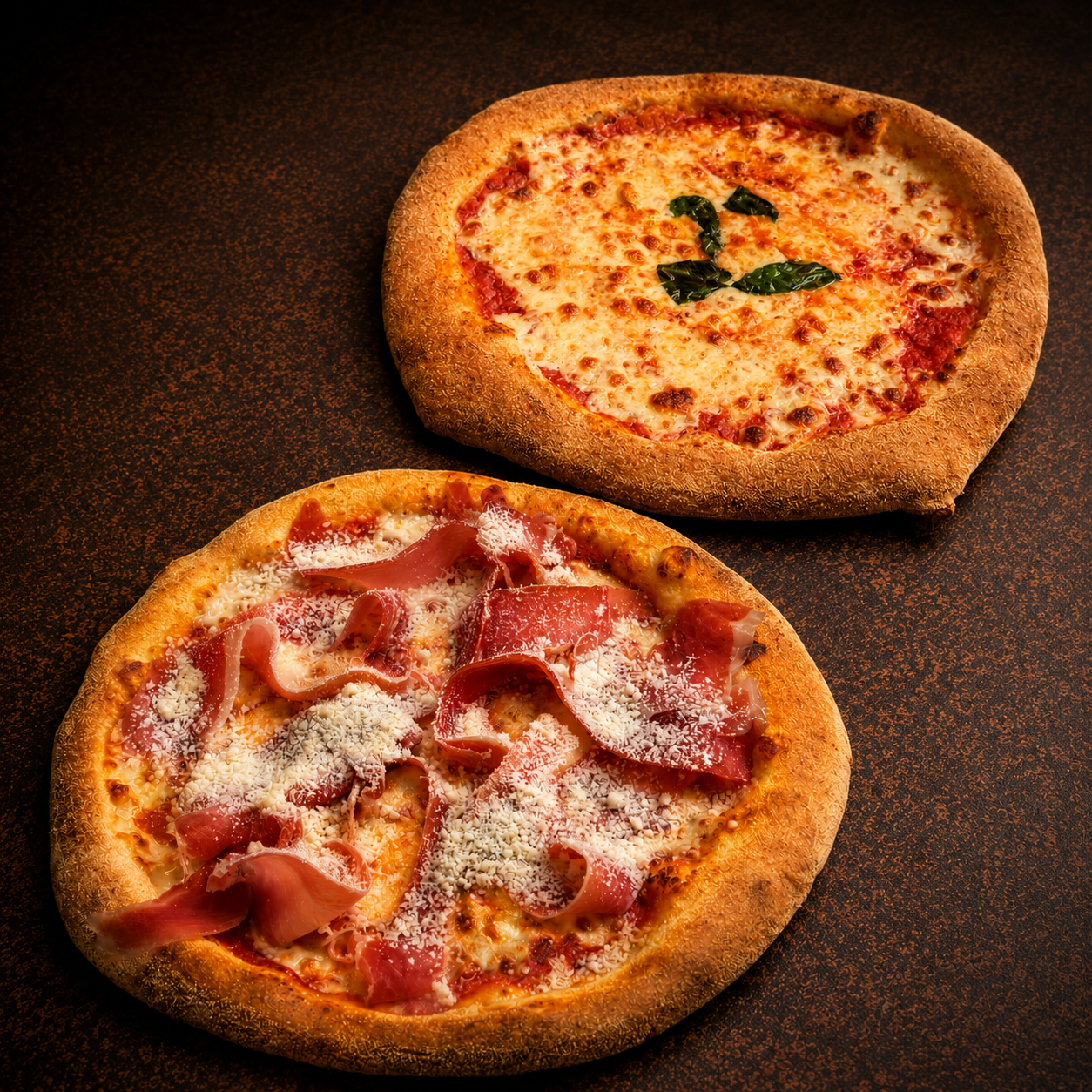Hand-stretched wood-fired pizza with bubbling crust and fresh toppings