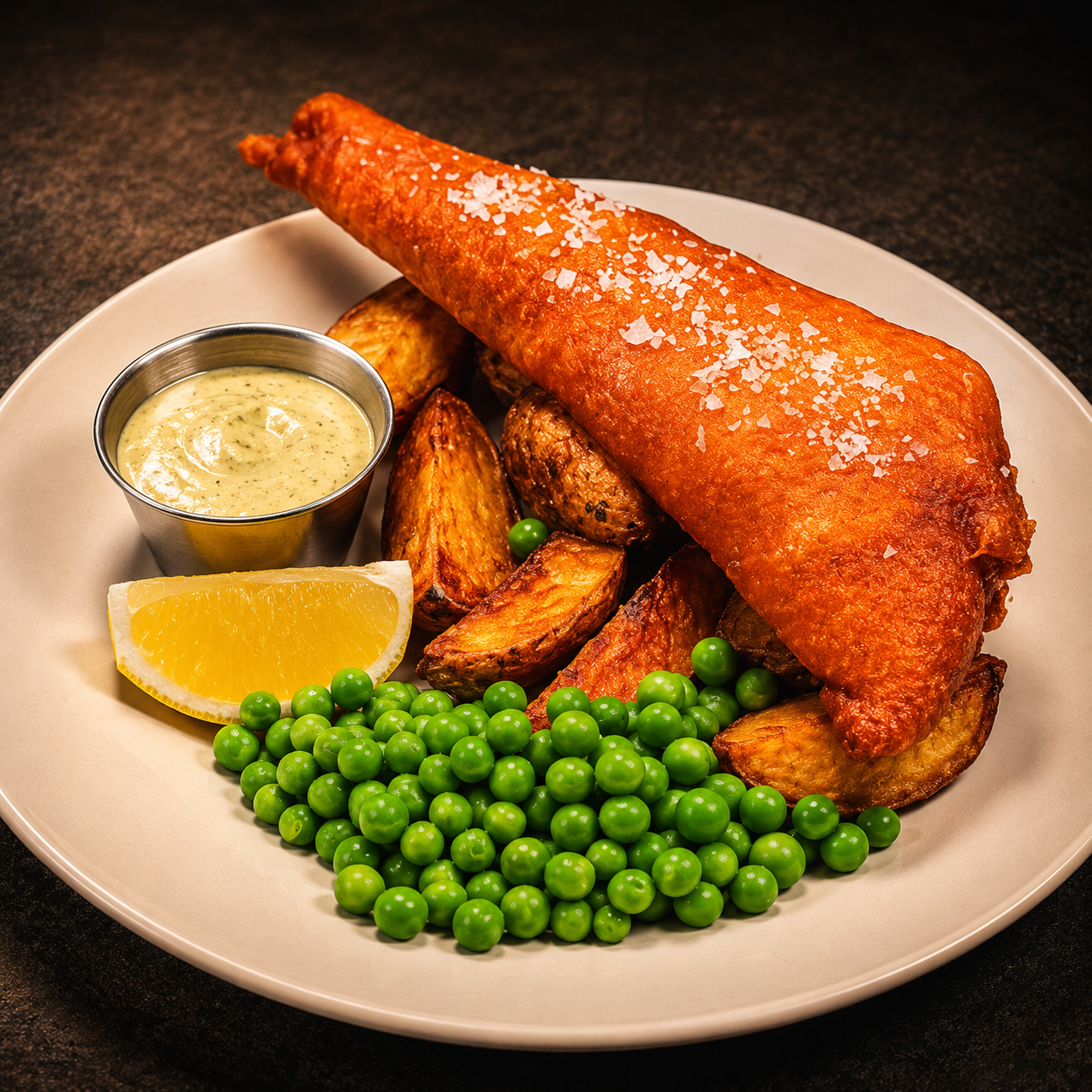 Traditional British pub classics including fish and chips with mushy peas