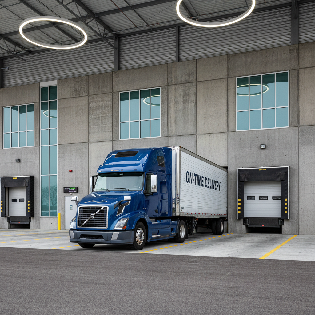Semi truck backed into modern warehouse loading dock for on-time delivery