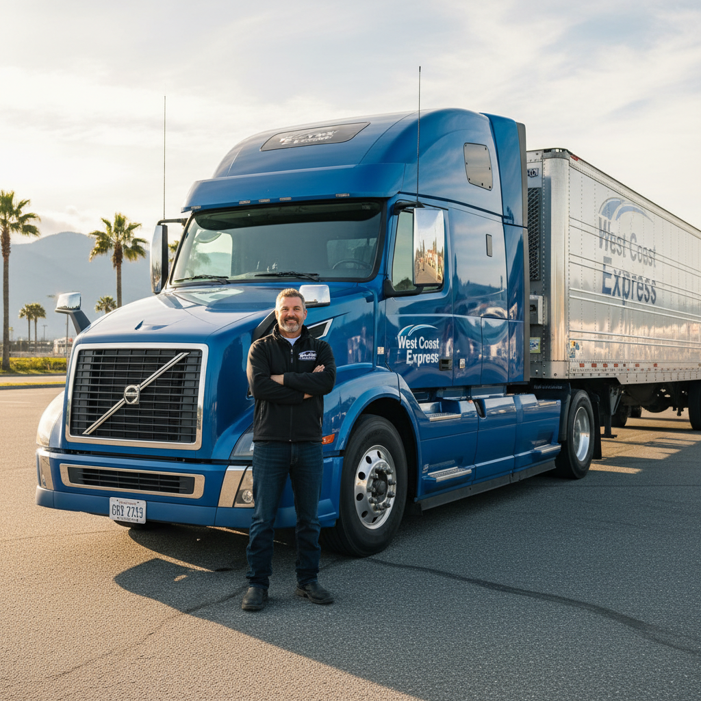 Professional West Coast Express truck driver standing proudly next to a modern semi-truck