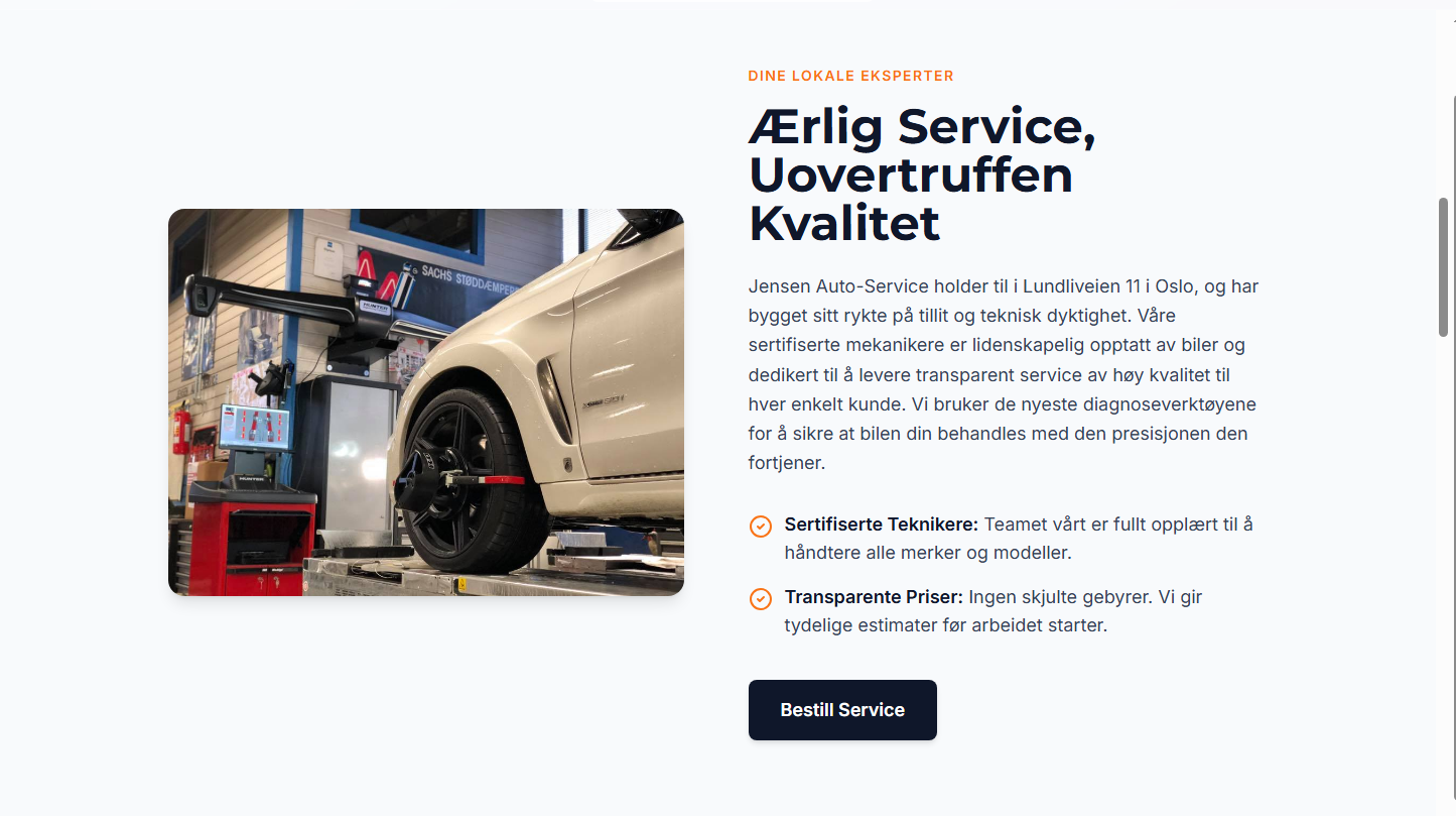 Eksempel på nettside for et profesjonelt bilverksted med tjenester og kontaktinfo