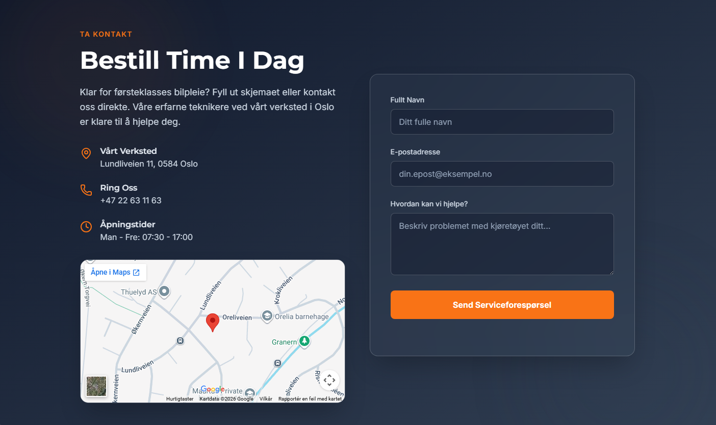 Ren og tillitsvekkende demo nettside for en moderne tannklinikk med timebestilling