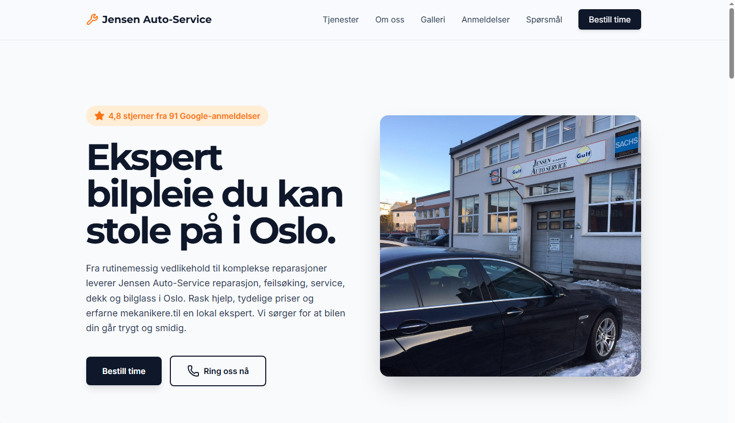 Moderne nettside-demo for norsk småbedrift med mobilvennlig design og profesjonelt utseende