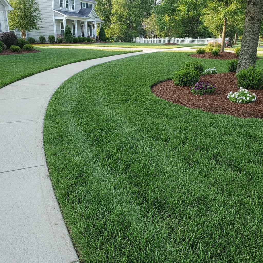 Pristine property lawn showing incredibly crisp mechanical edging along concrete sidewalks