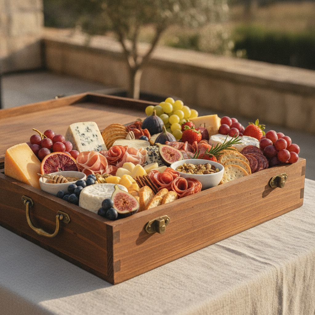 Lavish charcuterie box filled with artisanal cheeses, cured meats, and fresh fruit