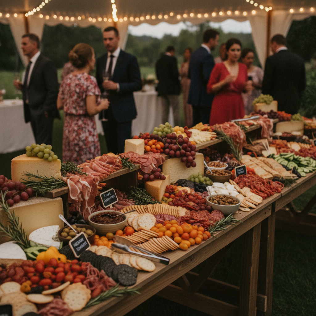Expansive grazing table at a wedding reception, laden with gourmet foods
