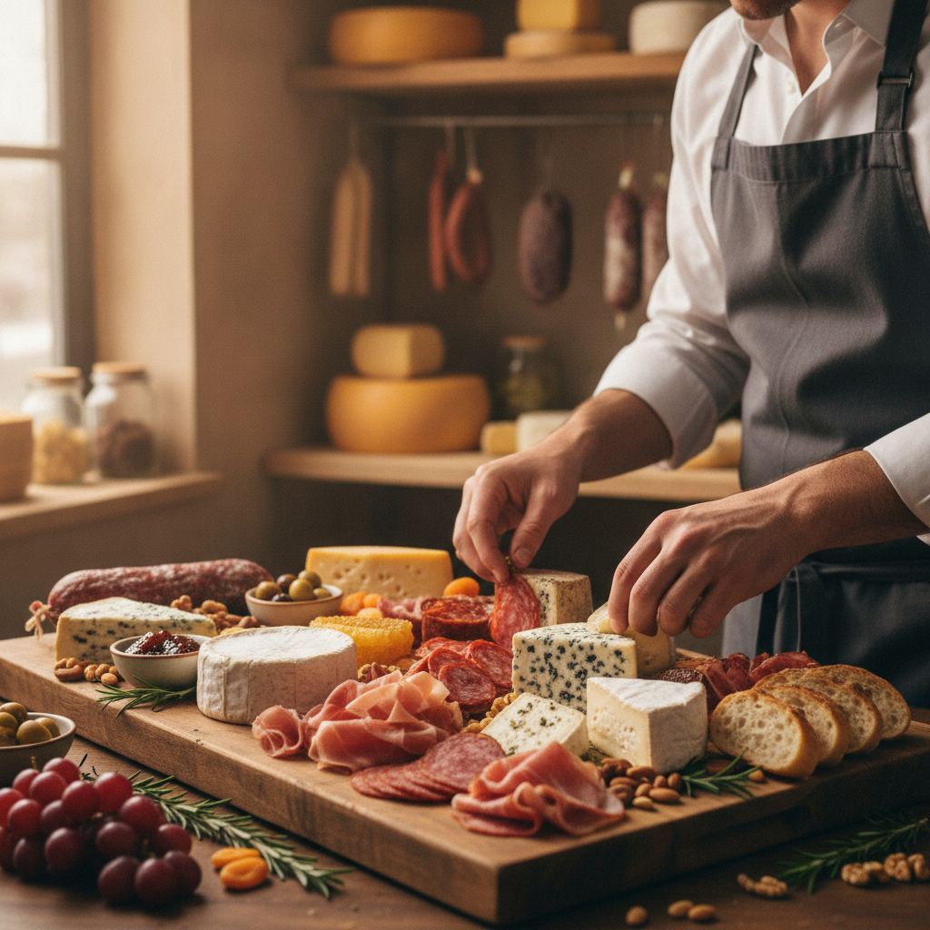 Artisan cheesemonger carefully arranging a charcuterie board with cured meats and cheeses
